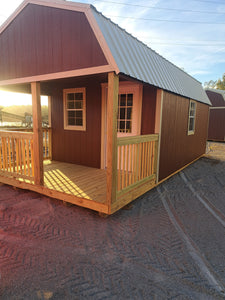 SOLD 12x24 Lofted Barn Cabin and Porch with Light Stone roof, Mahogony walls, and Light Stone trim