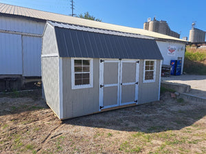 SOLD Repo 10x16 Side Double Lofted Barn Shed with Charcoal roof, Grey walls, and White trim