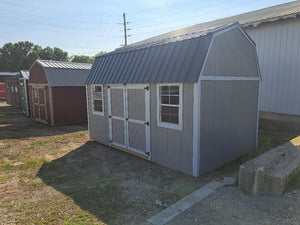 SOLD Repo 10x16 Side Double Lofted Barn Shed with Charcoal roof, Grey walls, and White trim